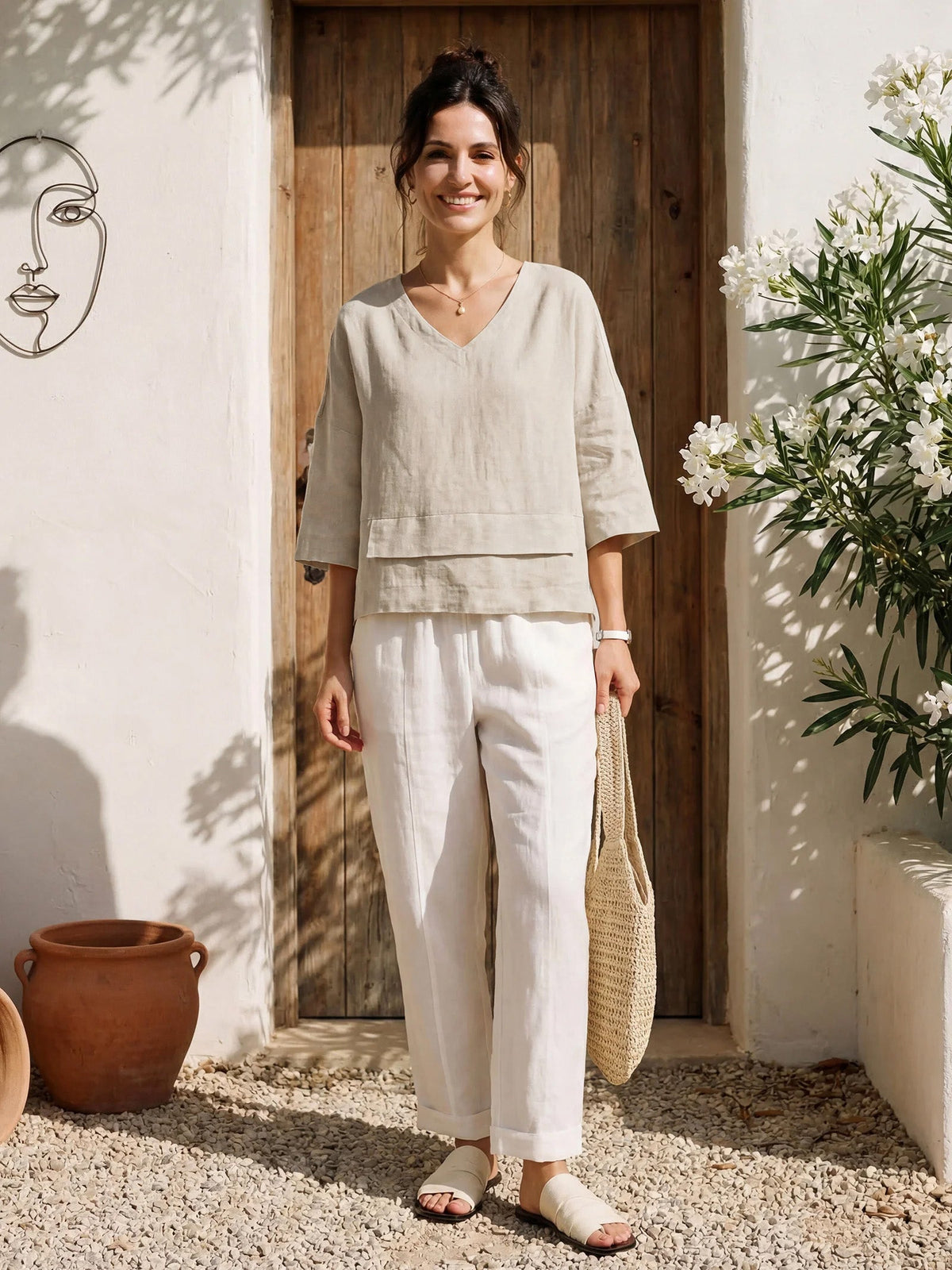Natural Melange 100% Linen Drop Shoulder Asymmetric Layered Hem Overtop VIOLA by LINTICO