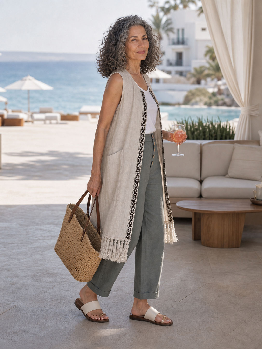 100% Linen Geometric Trim Fringe Hem Long Vest ROSALIE by LINTICO
