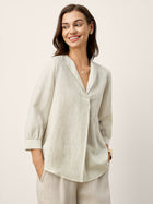 Linen-Lyocell Striped Lapel Inverted Pleat Pullover Top MARGOT