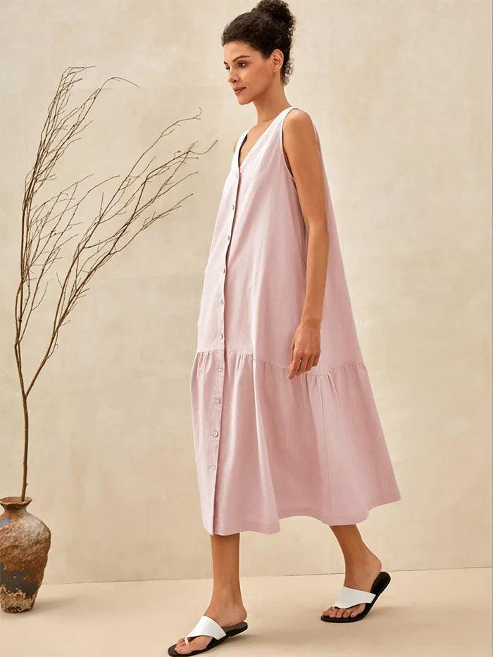 Linen Vacation Sleeveless V-Neck Mid-Length Dress CELINE - DRESSES-Linen Midi