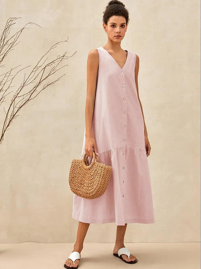 Linen Vacation Sleeveless V-Neck Mid-Length Dress CELINE - DRESSES-Linen Midi