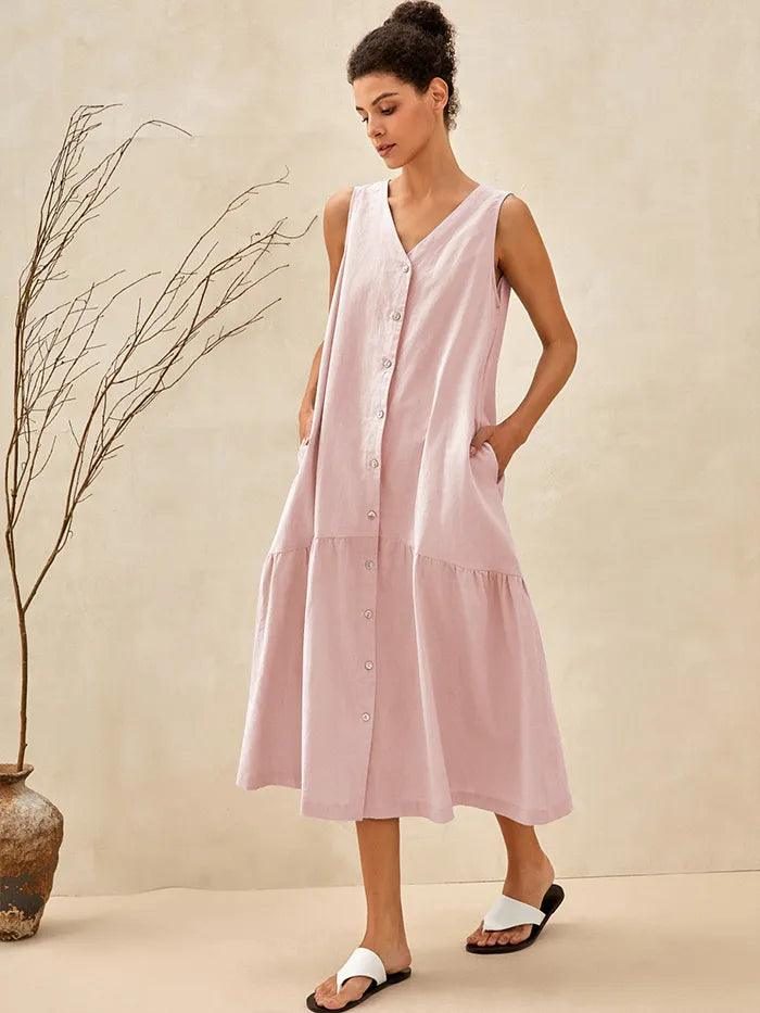 Linen Vacation Sleeveless V-Neck Mid-Length Dress CELINE - Pale Pink / S - DRESSES-Linen Midi