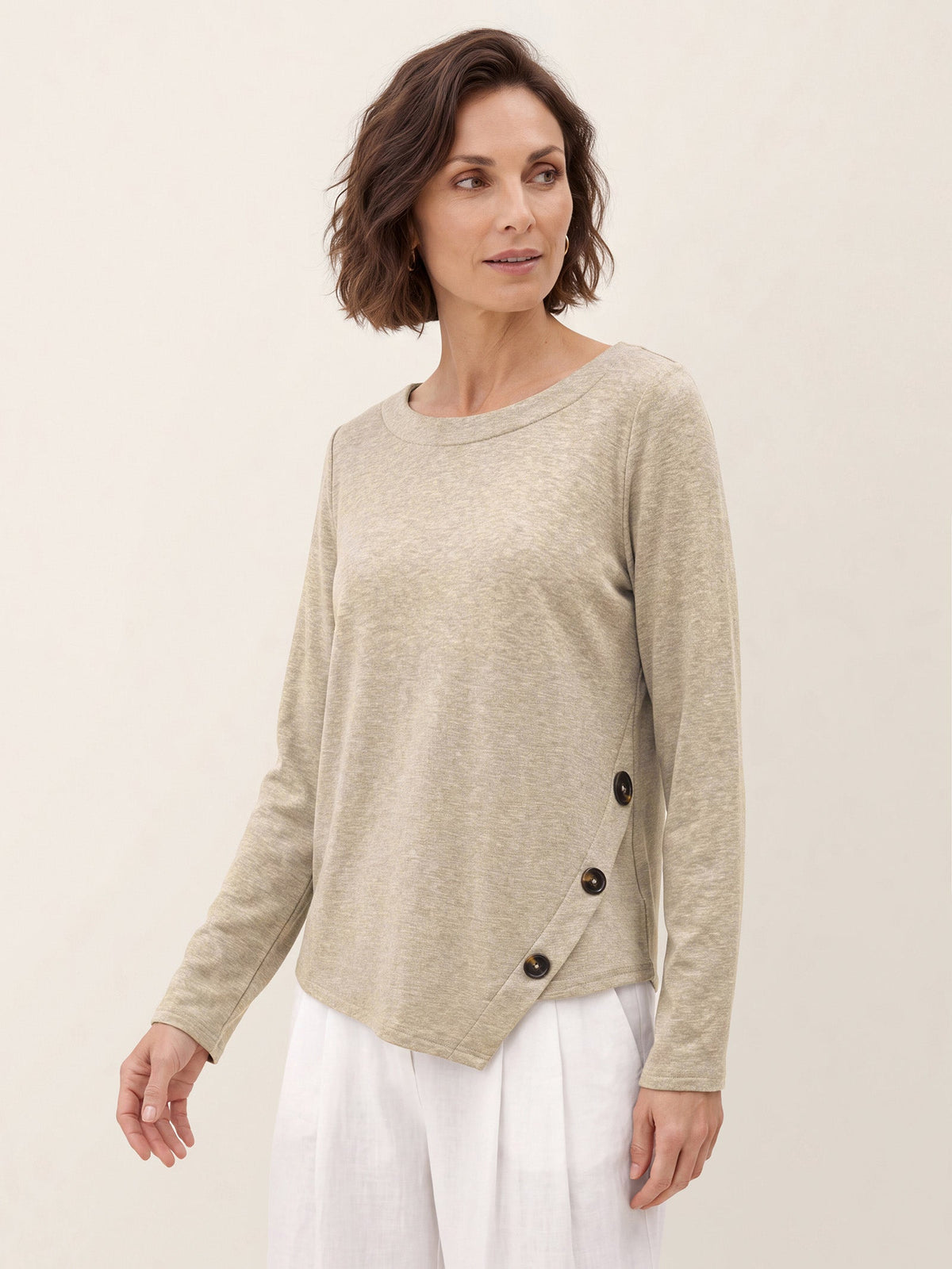 Oat Melange Lyocell Wool Asymmetric Hem Side Button Knit Top CELIA by LINTICO