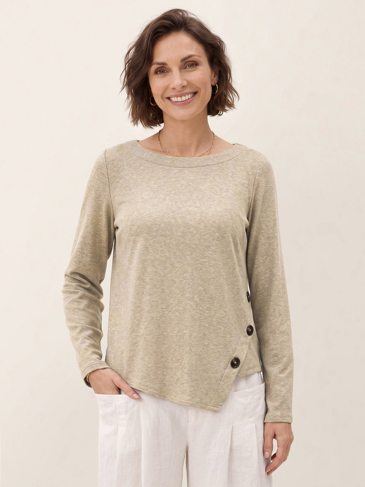 Oat Melange Lyocell Wool Asymmetric Hem Side Button Knit Top CELIA by LINTICO