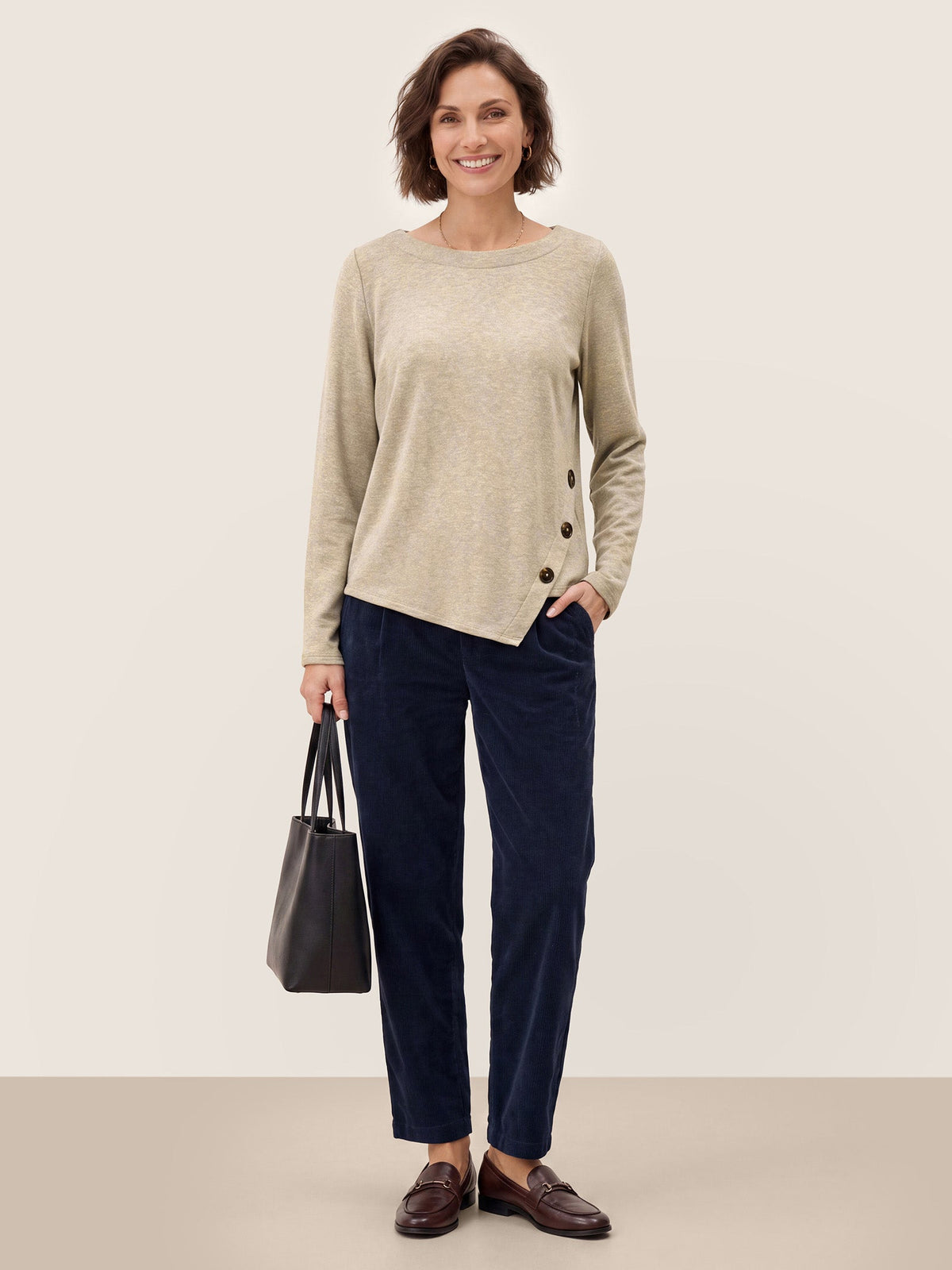 Oat Melange Lyocell Wool Asymmetric Hem Side Button Knit Top CELIA by LINTICO