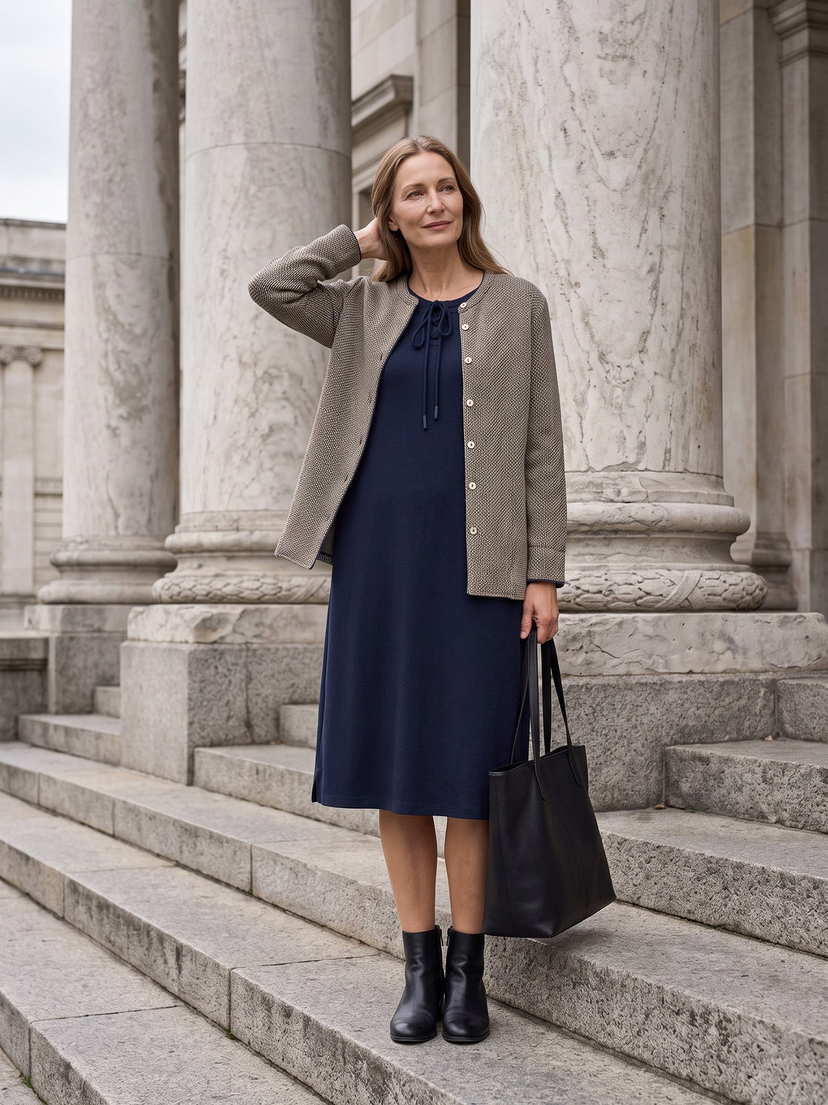 Tie Neck Three Quarter Sleeve Midi Dress SERENELLA