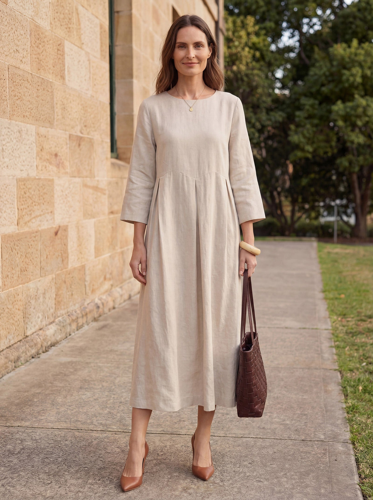 100% Linen Bateau Neck Pleated Midi Dress ABIGAIL by LINTICO for women
