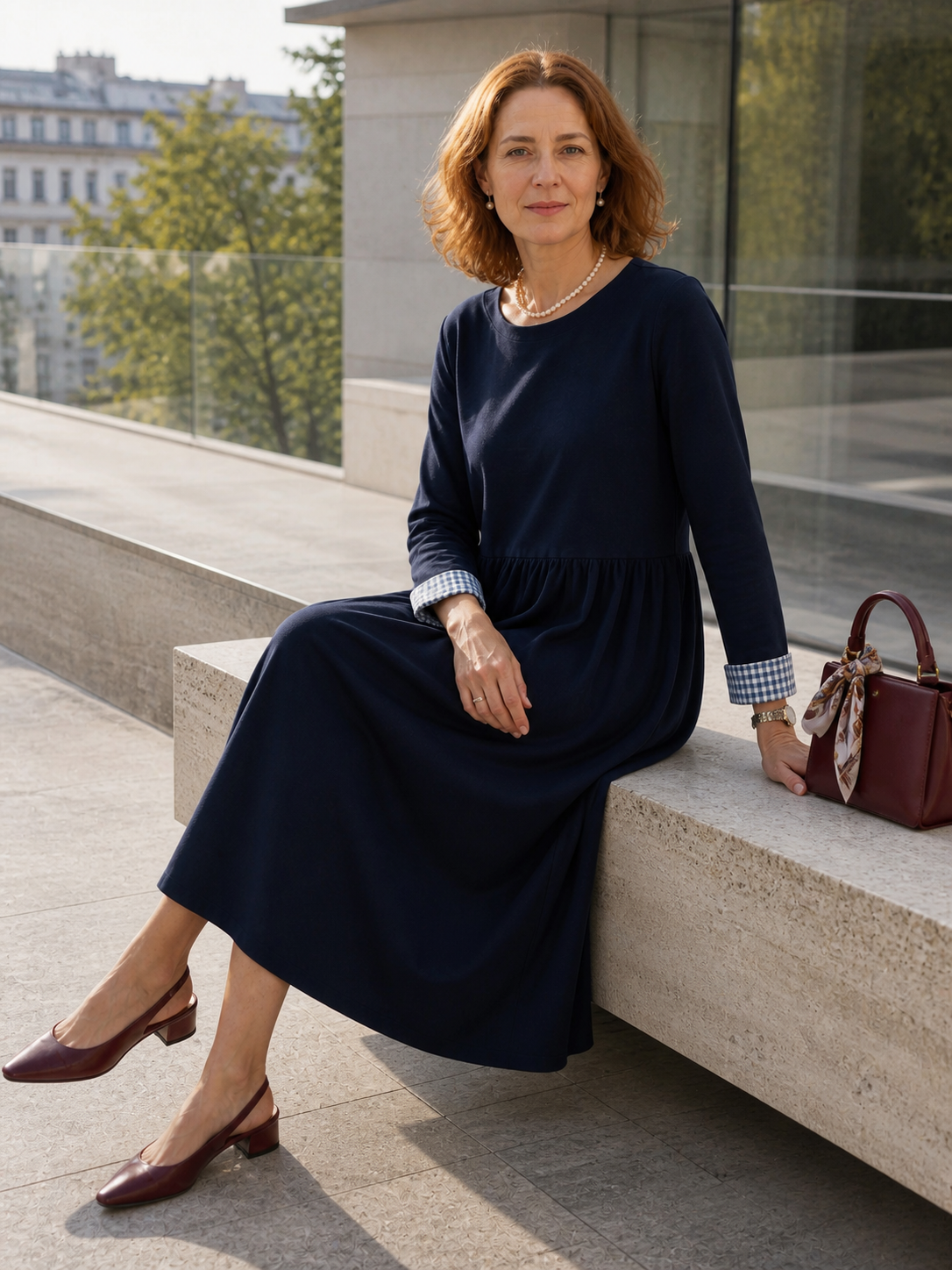 Blue Organic Cotton Patchwork Cuff Crew Neck Casual Midi Dress SCARLETT by LINTICO