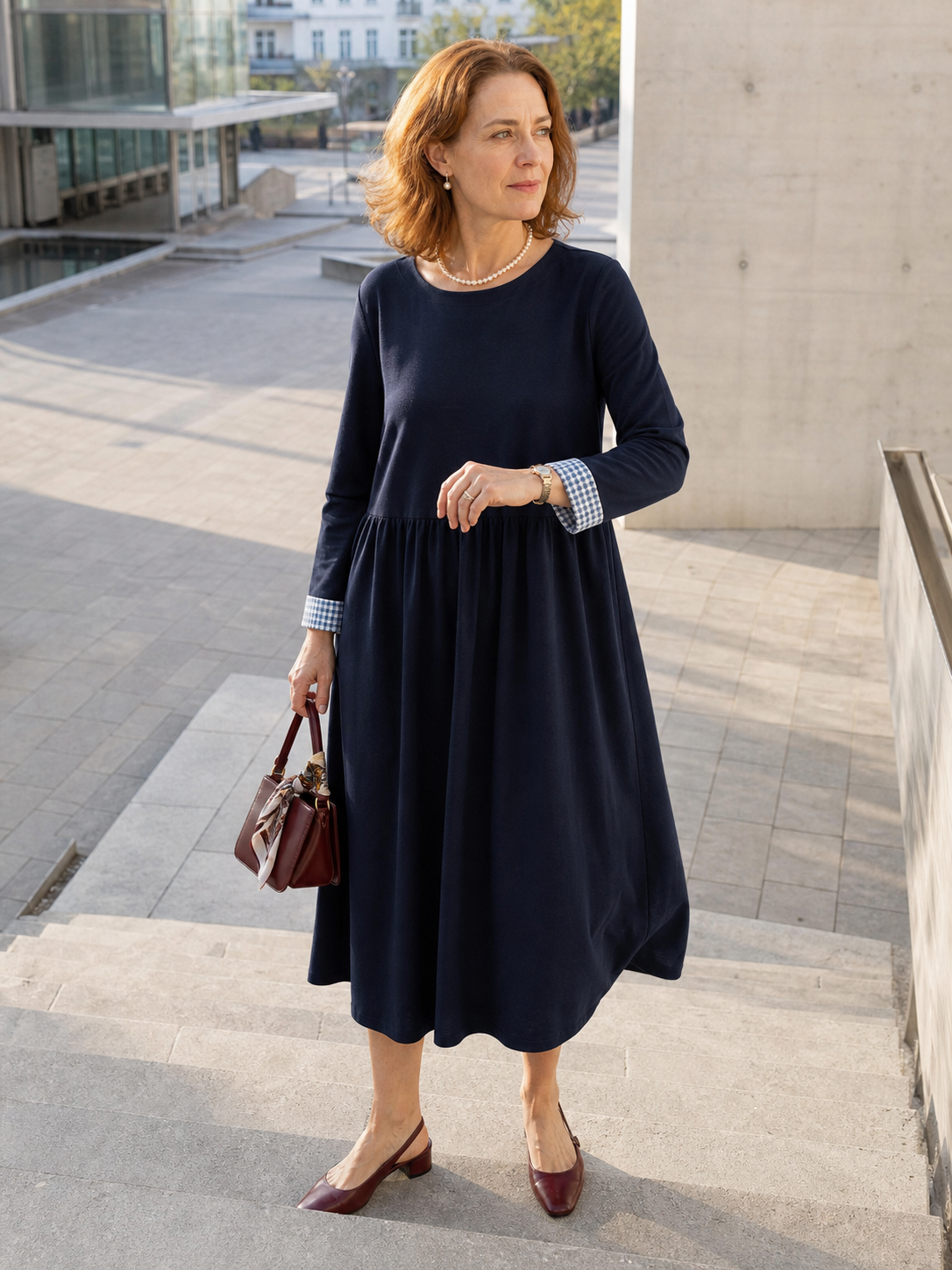 Blue Organic Cotton Patchwork Cuff Crew Neck Casual Midi Dress SCARLETT by LINTICO