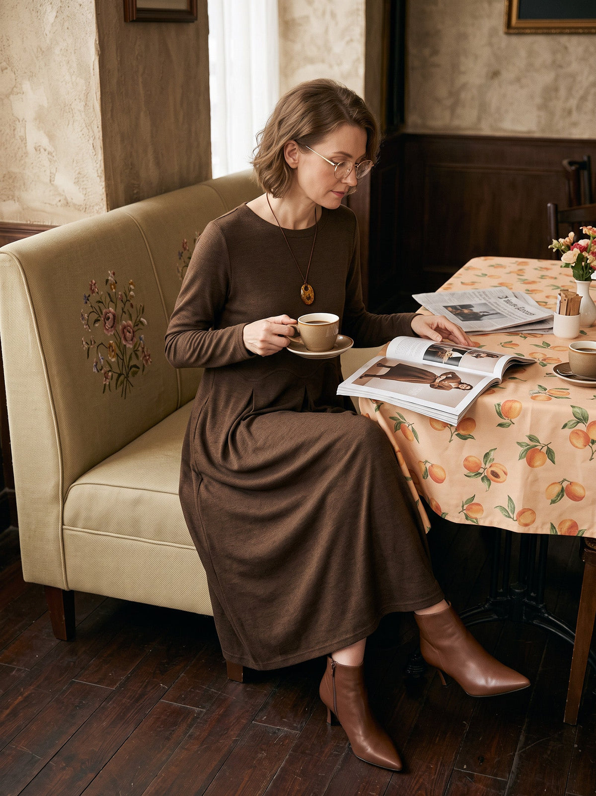 Coffee Wool Arc-Panel Sculpted Pleats Midi Dress CALISTA