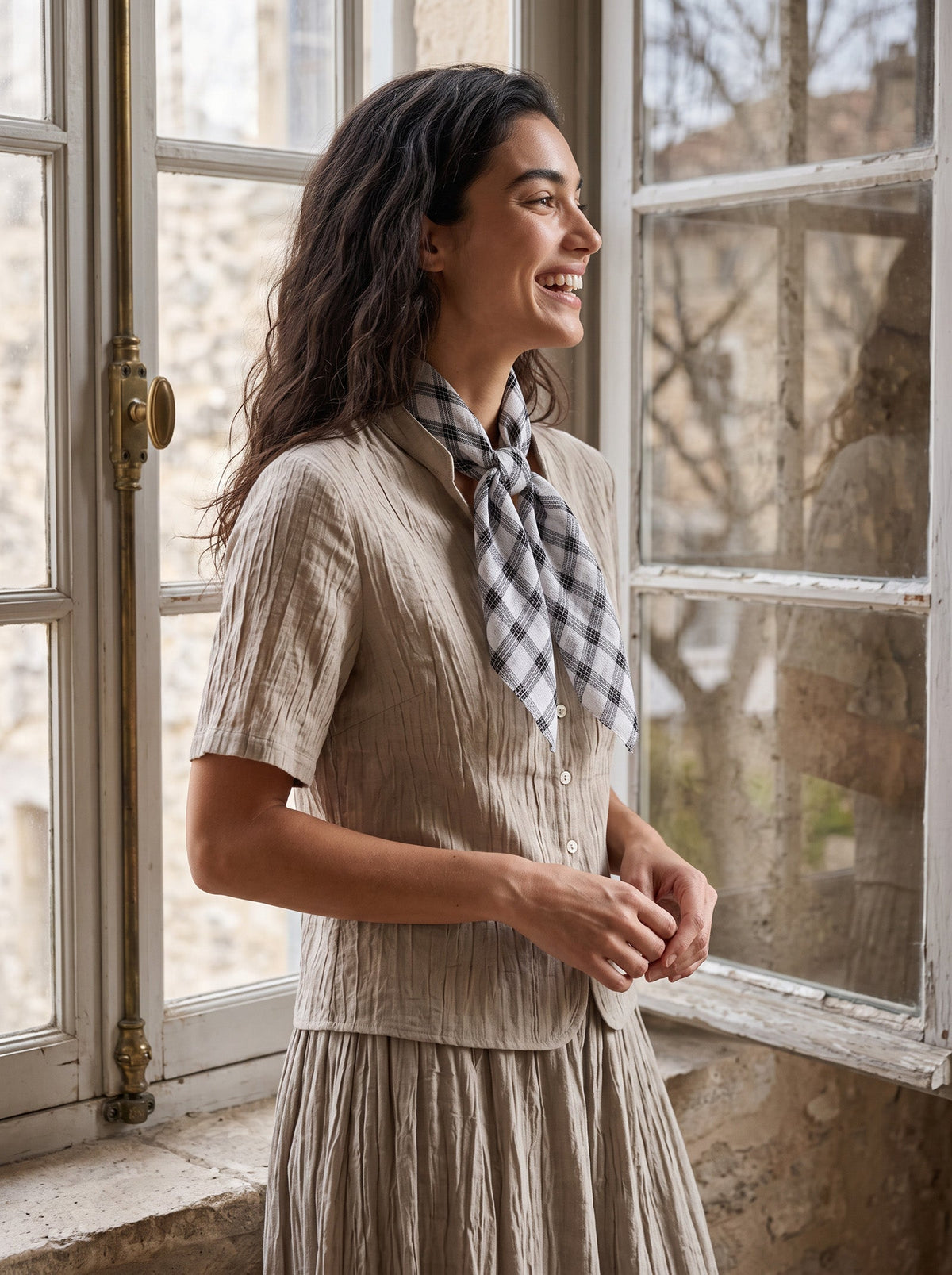 Ink Check Natural Linen Soft Texture Scarf by LINTICO