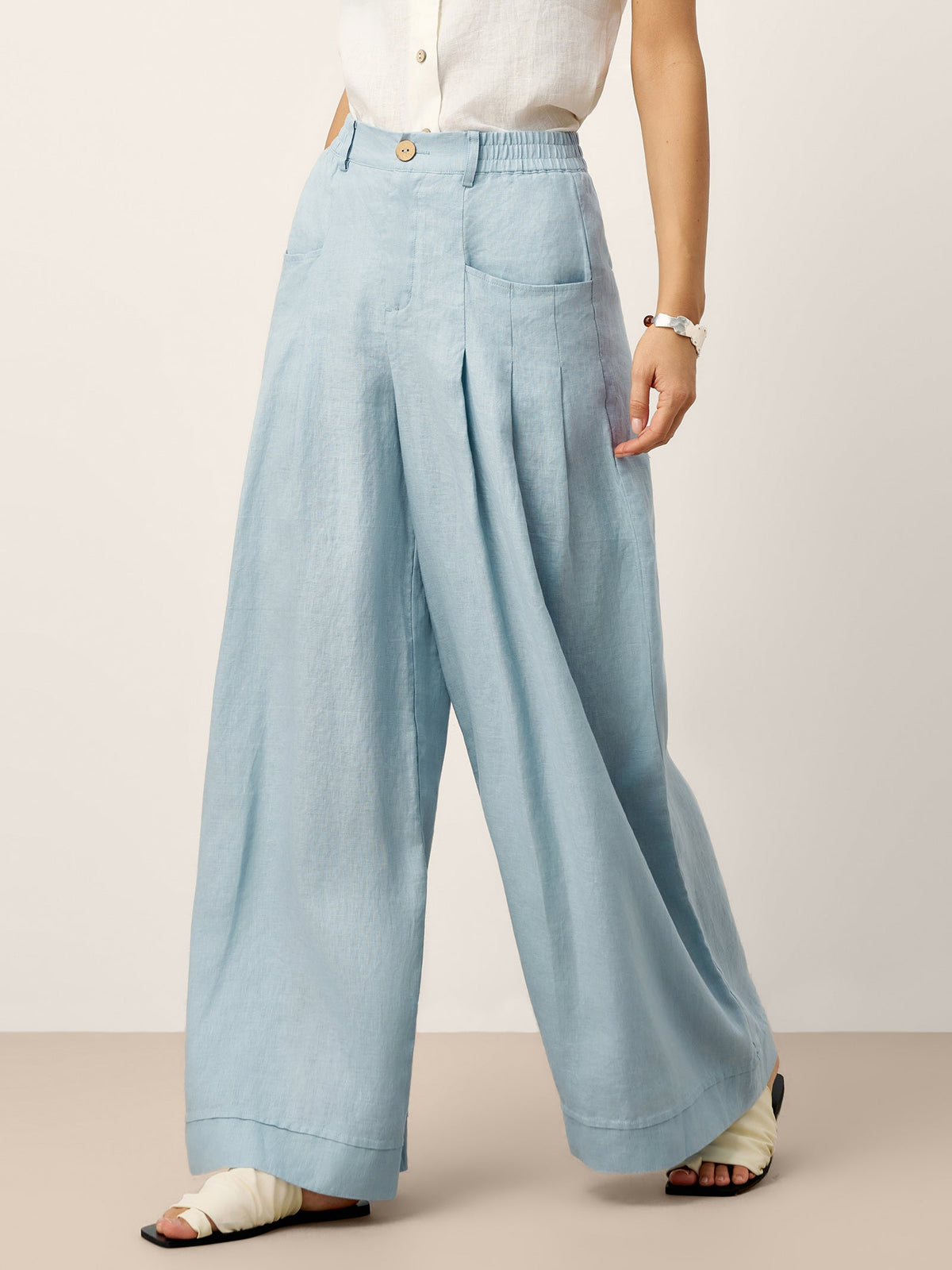 100% Linen Sculpted Pleat Elasticated Back Relaxed Pants VERIDIANA by LINTICO for women