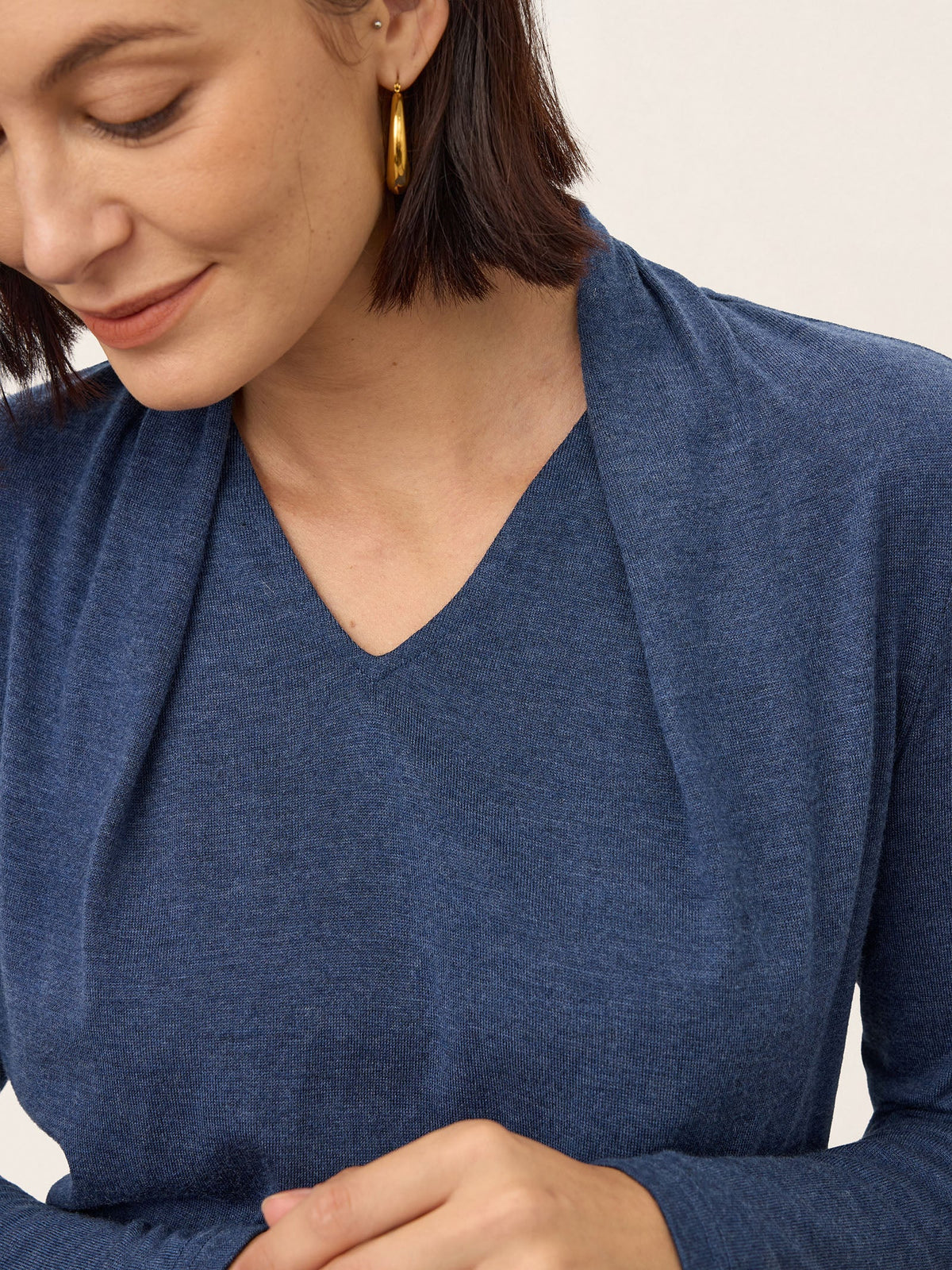 Lapis Blue Wool Draped Shawl Collar Long Sleeve Top MARISTELLA