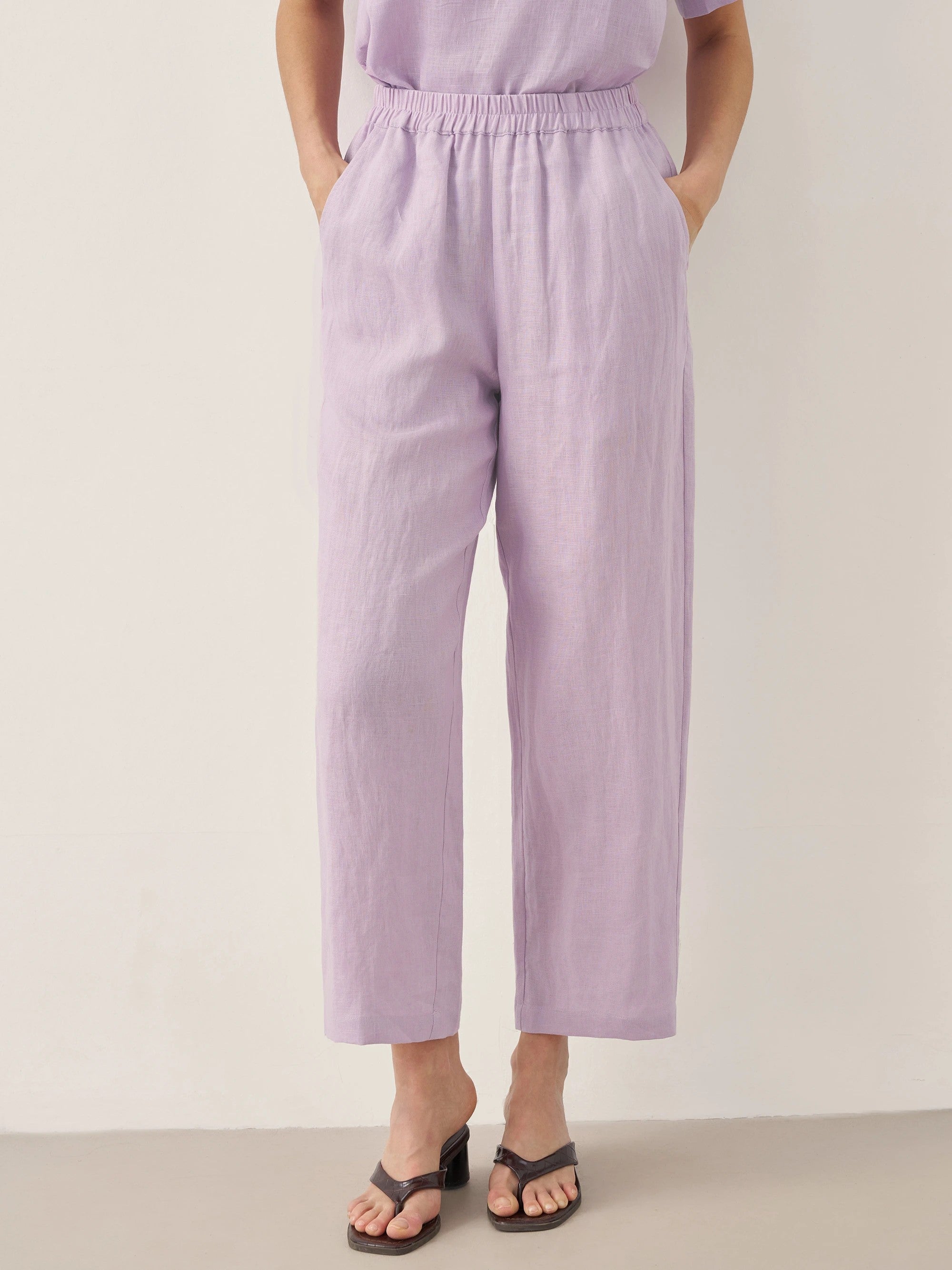 100% LINEN SHORT-SLEEVE ROUND NECK BUTTON DETAIL TOP & PANTS SET