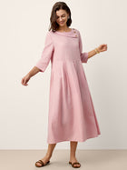 100% Linen Crescent Neck Decorative Button Waist Pleated Maxi Dress GWENYTH