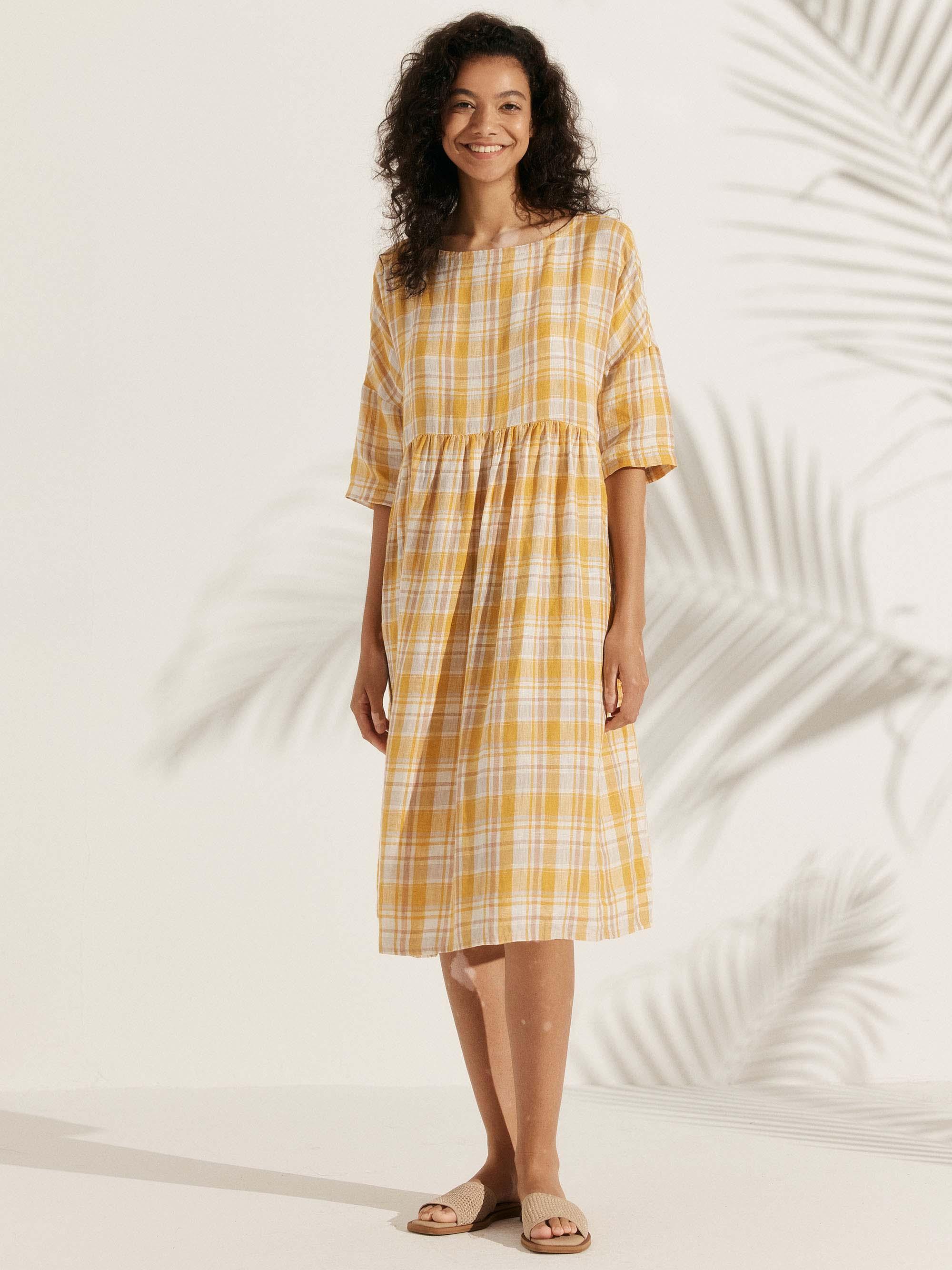 100% Linen A-Line Midi Dress VALENCIA - DRESSES-Linen