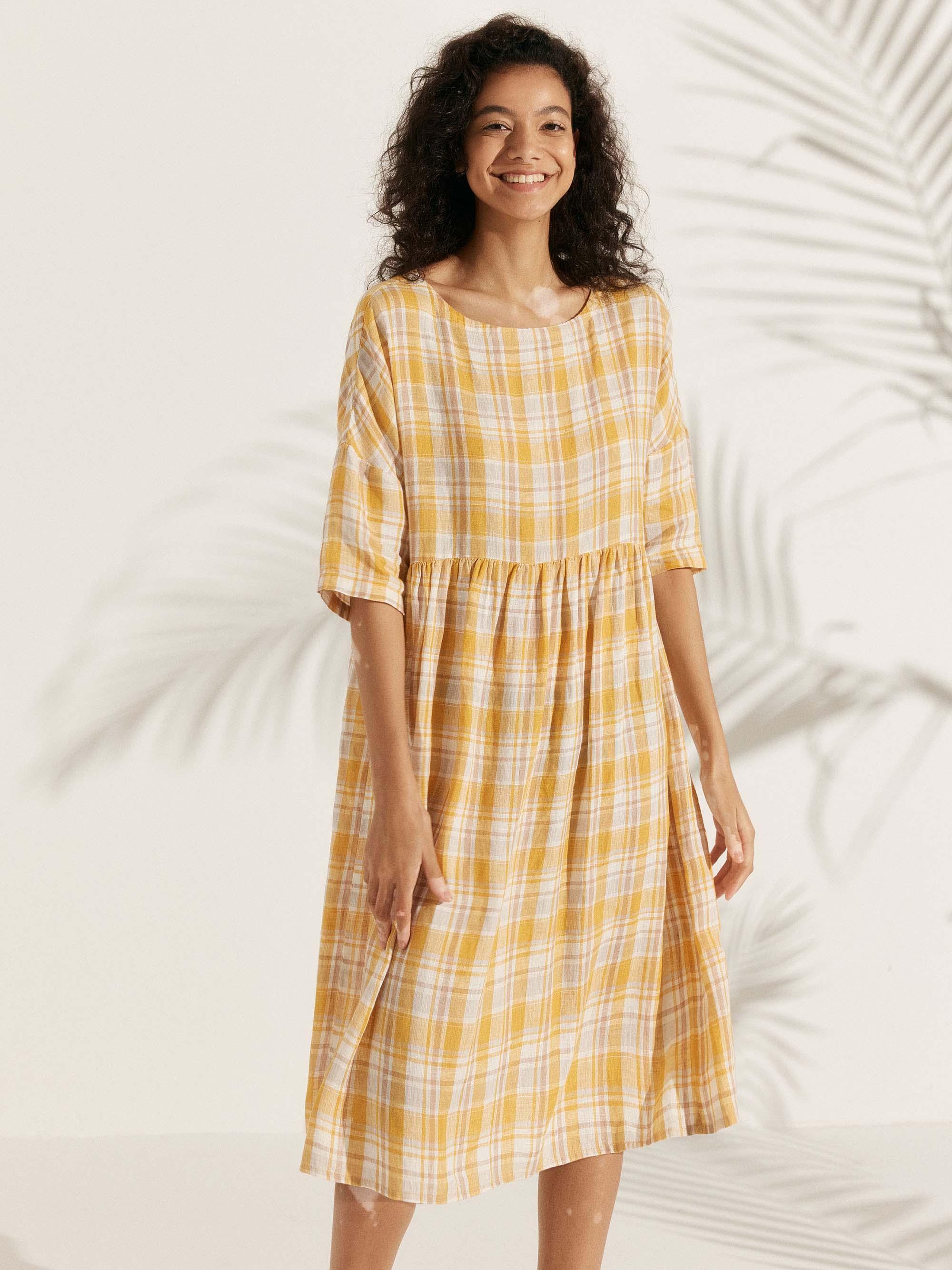 100% Linen A-Line Midi Dress VALENCIA - DRESSES-Linen