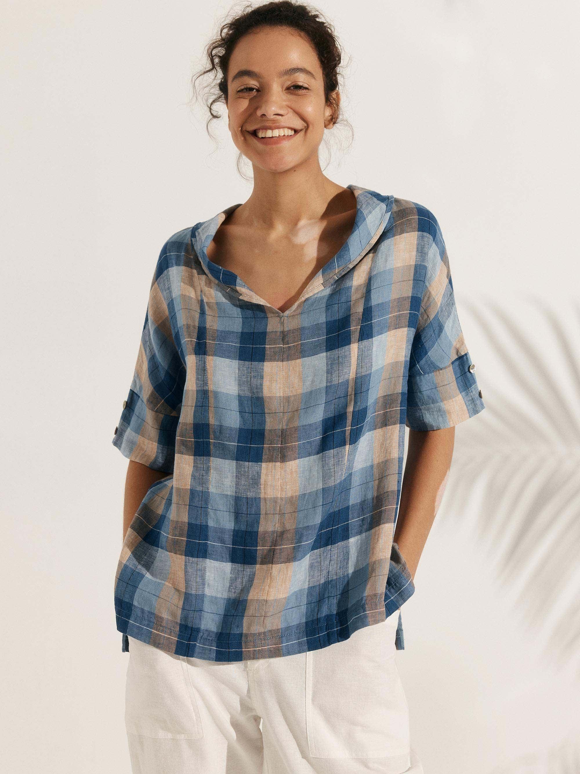 100% Linen V-Neck Short Sleeve Shirt SIERRA - TOPS-Linen Blouses