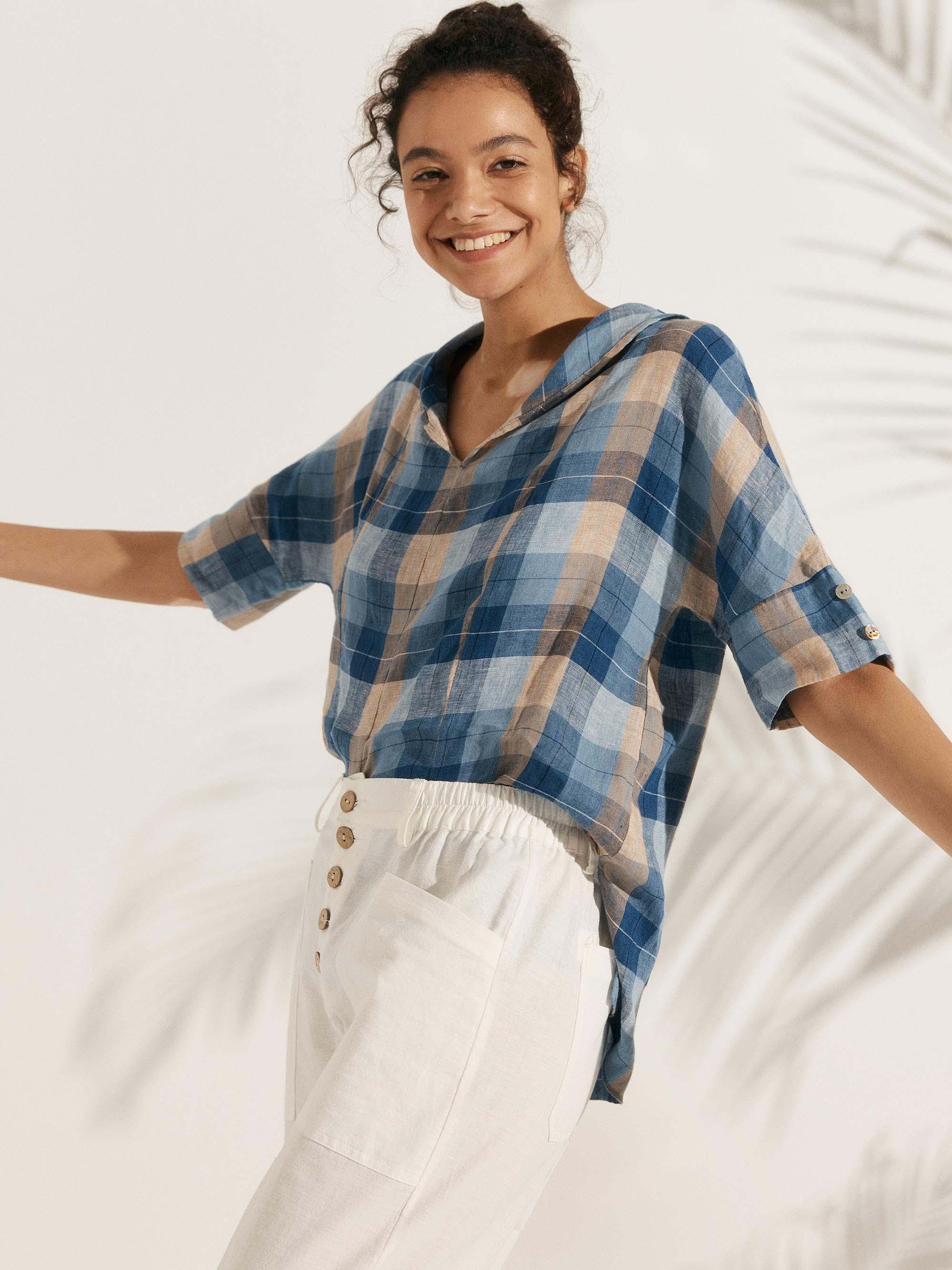 100% Linen V-Neck Short Sleeve Shirt SIERRA - TOPS-Linen Blouses