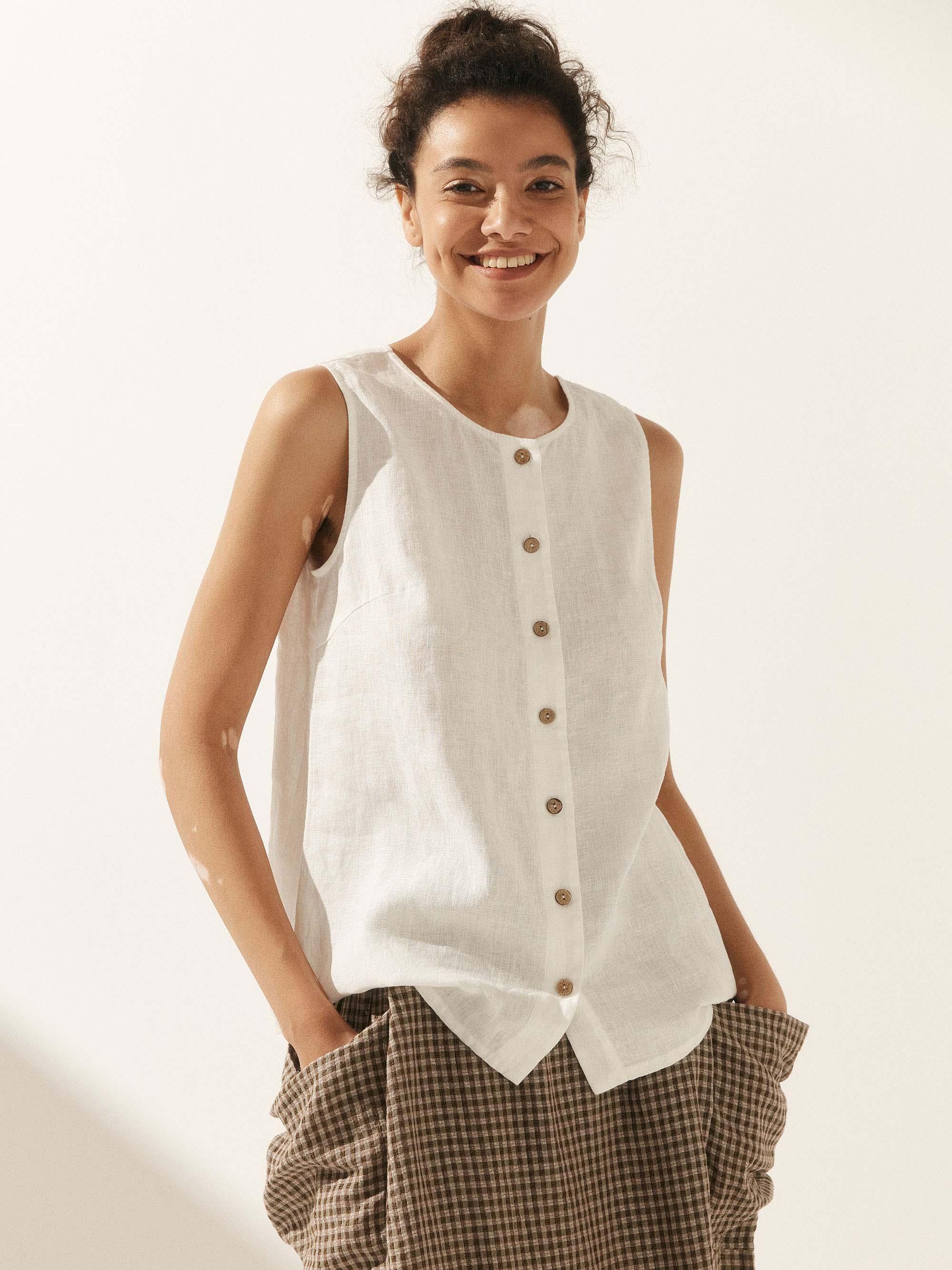 100% Linen Buttons Down Tank Top - Optic White / S - TOPS-Linen Tanks