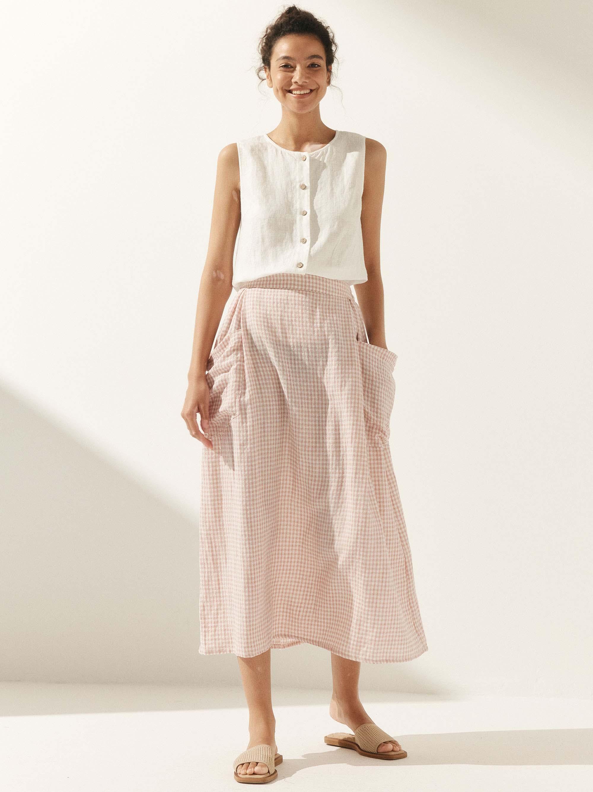 Linen Checked Elastic Waist Skirt - bottoms