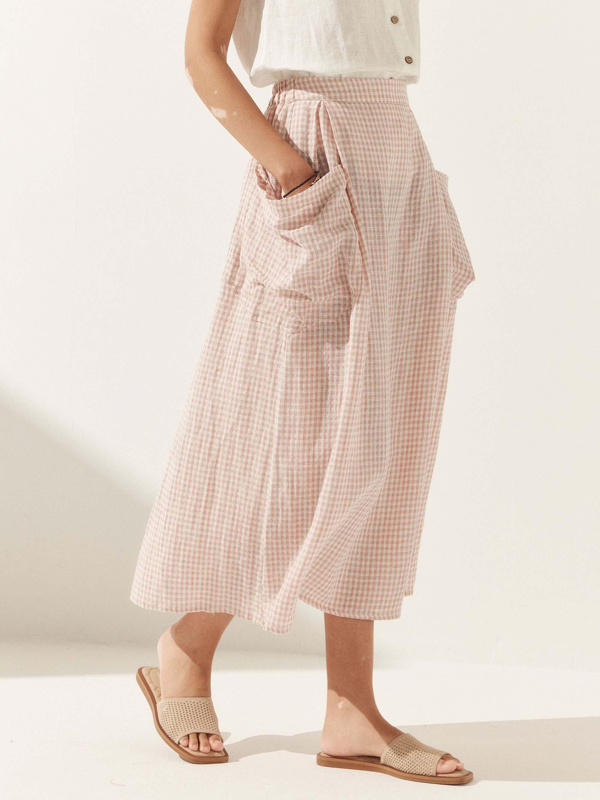 Linen Checked Elastic Waist Skirt - bottoms