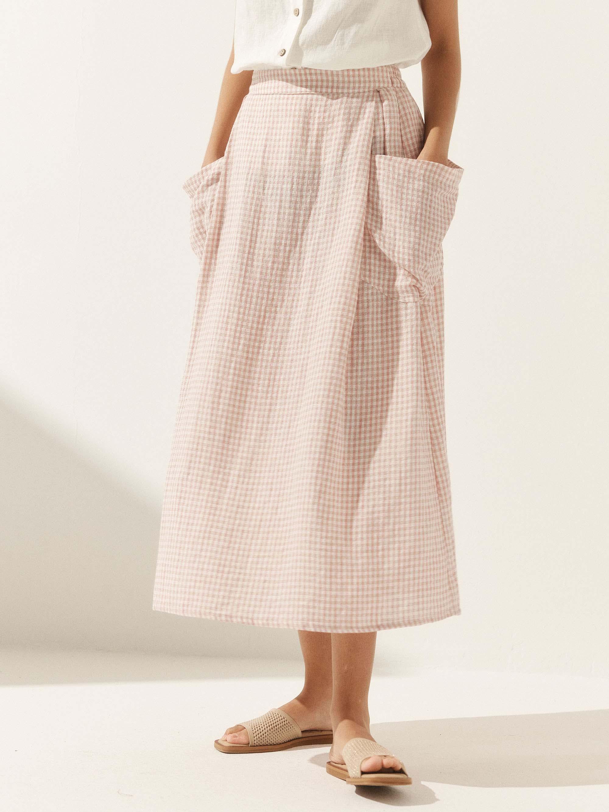 Linen Checked Elastic Waist Skirt - Shell Pink / S - bottoms