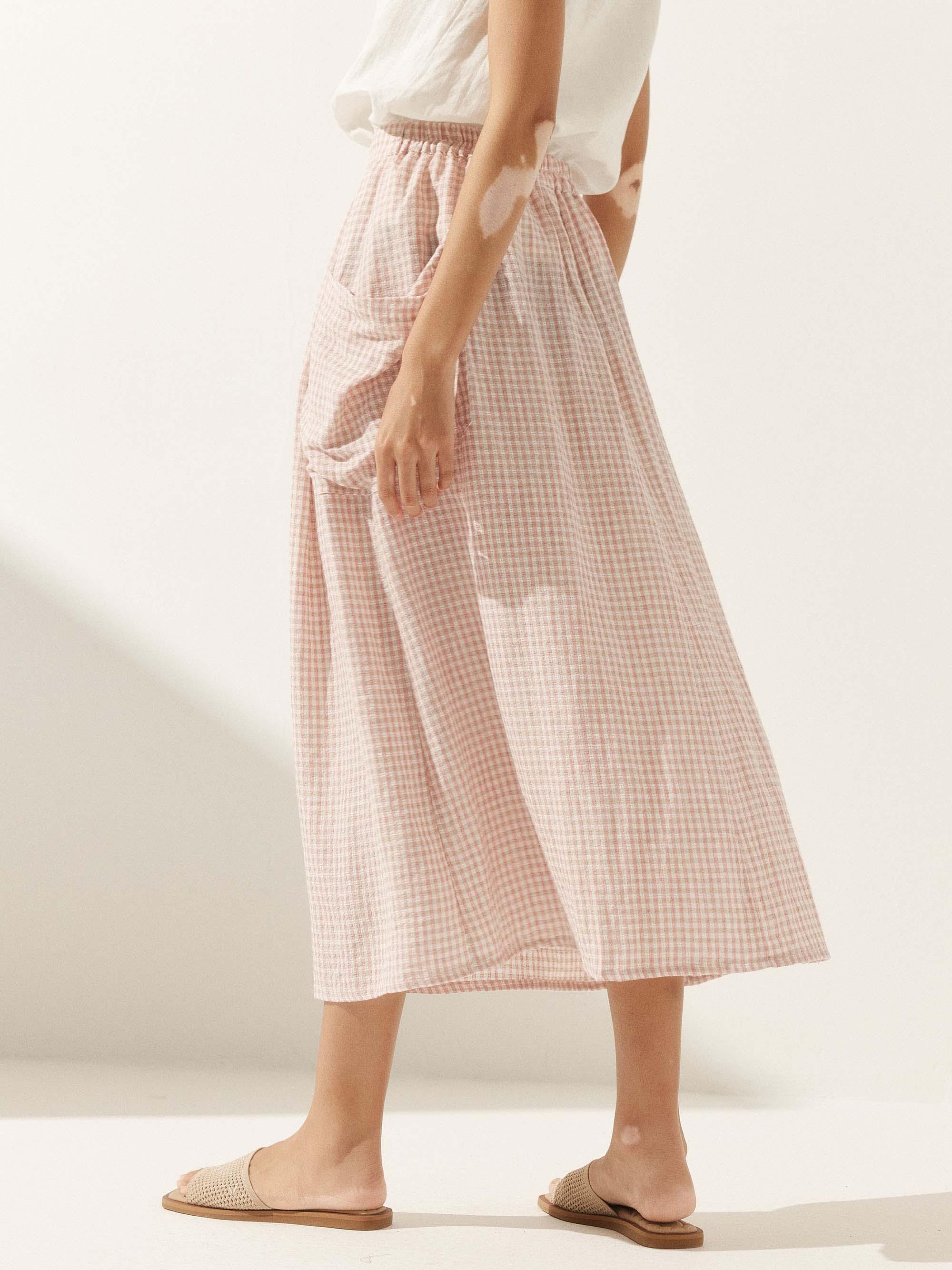 Linen Checked Elastic Waist Skirt - bottoms