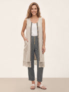 100% Linen Geometric Trim Fringe Hem Long Vest ROSALIE by LINTICO