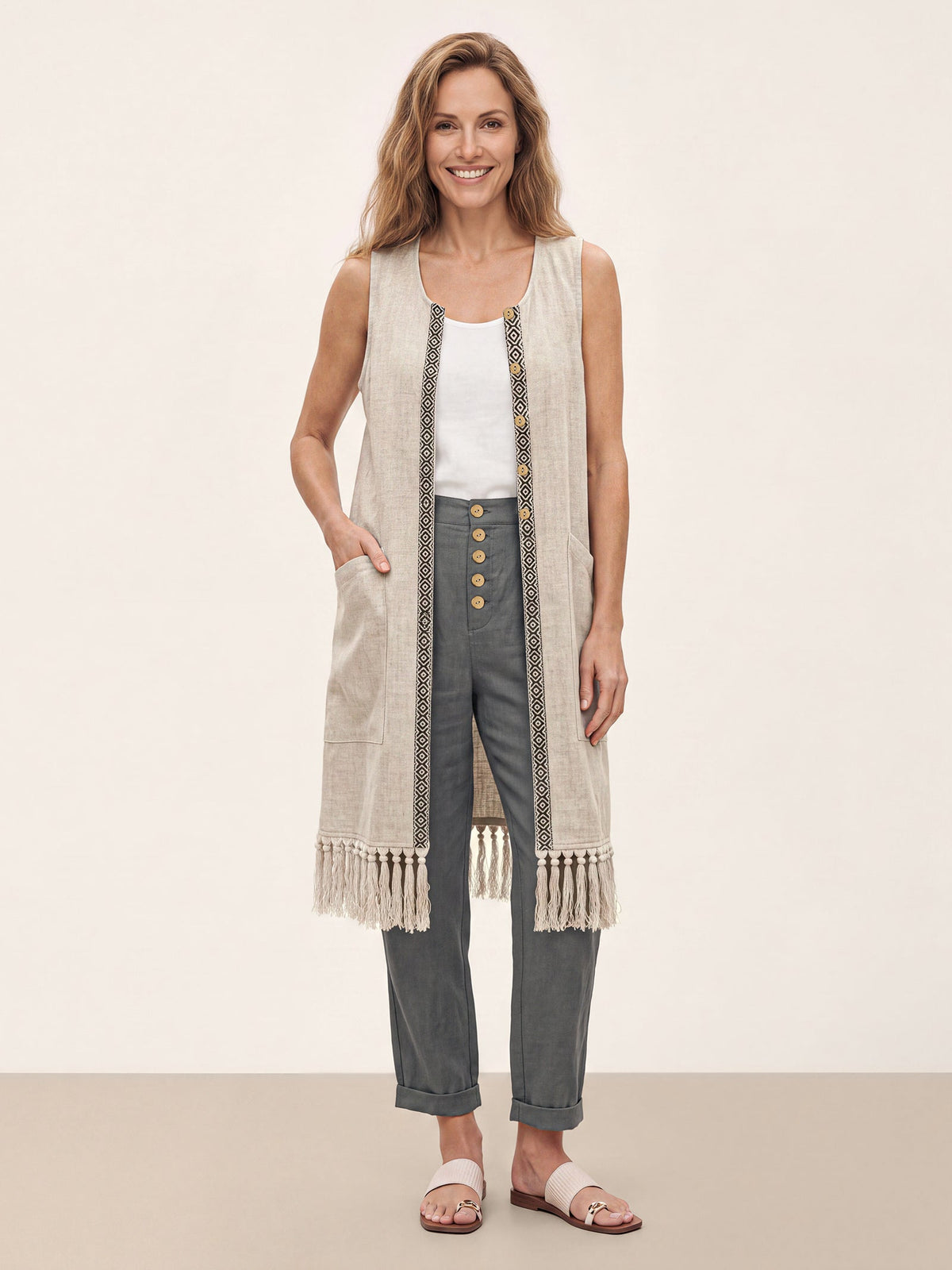 100% Linen Geometric Trim Fringe Hem Long Vest ROSALIE by LINTICO