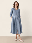Blue 100% Linen Shell Button A Line Midi Dress ELIORA by LINTICO