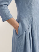 Blue 100% Linen Shell Button A Line Midi Dress ELIORA by LINTICO