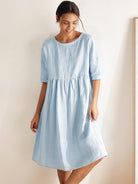 100% Linen A-Line Midi Dress VALENCIA - Baby Blue / S - DRESSES-Linen
