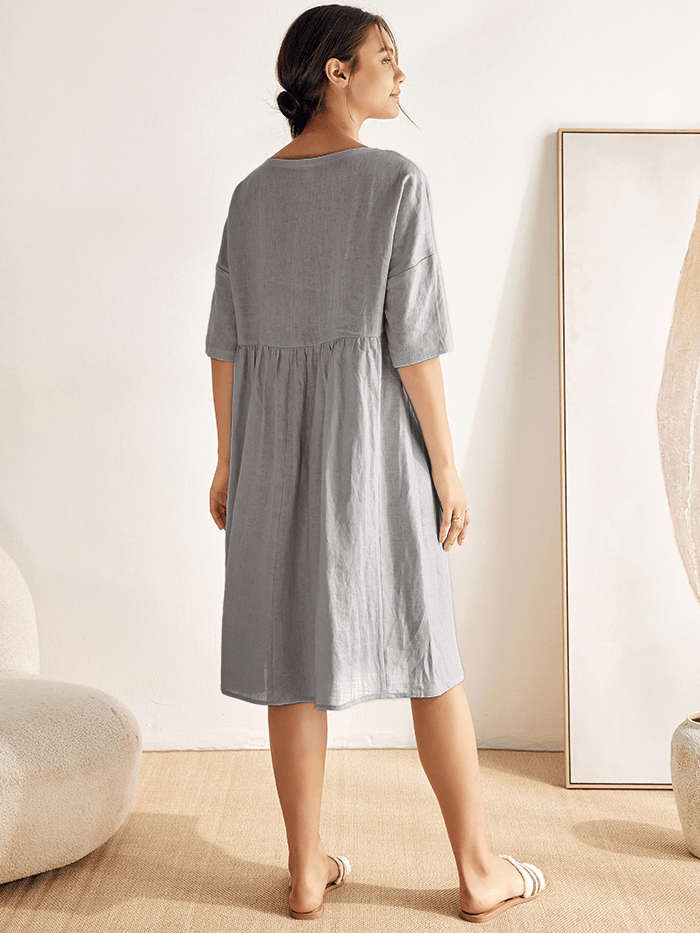 100% Linen A-Line Midi Dress VALENCIA - DRESSES-Linen