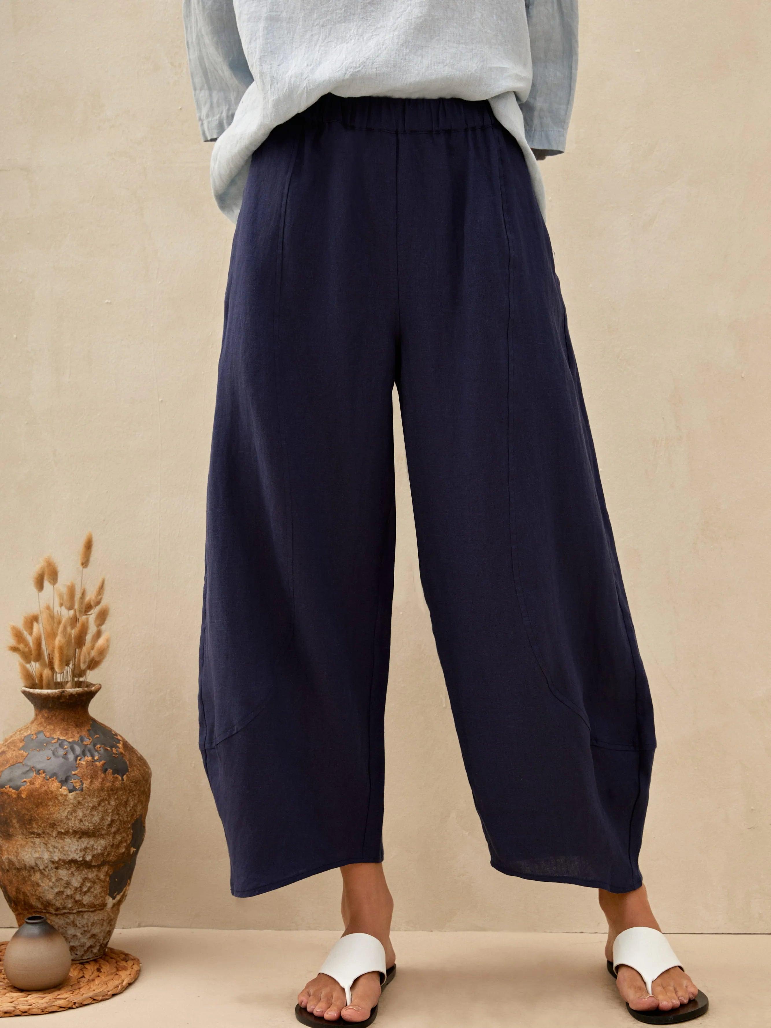 ZOE 100% Linen Classic Ankle Pants - Navy Blue / S - BOTTOMS-Linen