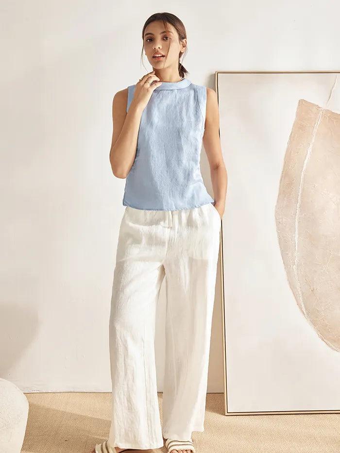 100% Linen Draped Collar Tank Top JACQUELINE - TOPS-Linen Tanks