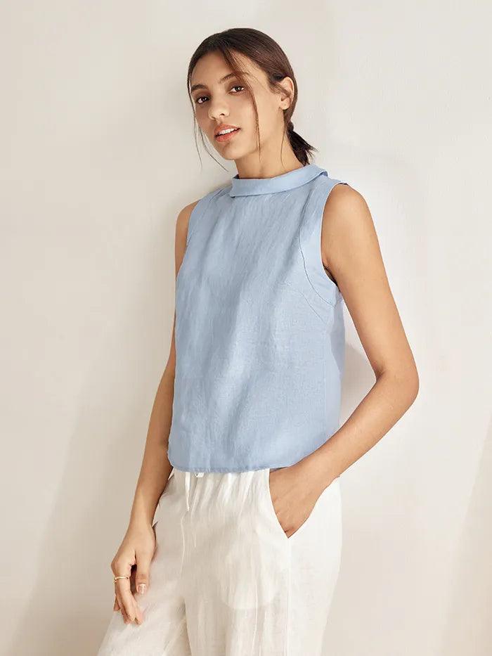 100% Linen Draped Collar Tank Top JACQUELINE - TOPS-Linen Tanks