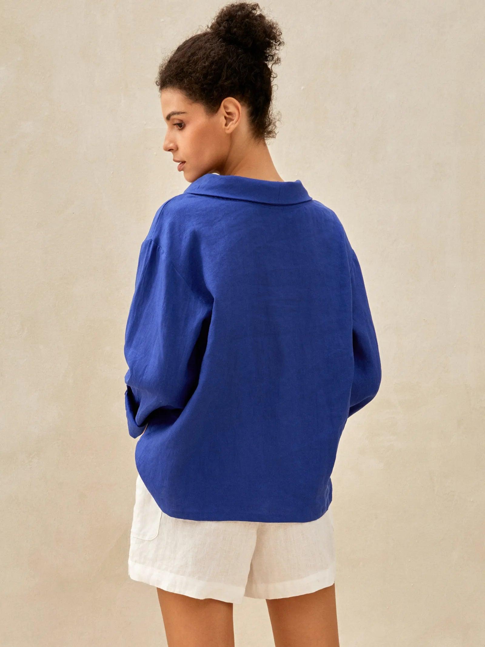 100% Linen Draped Neck Top HOLLIS - TOPS-Linen Blouses