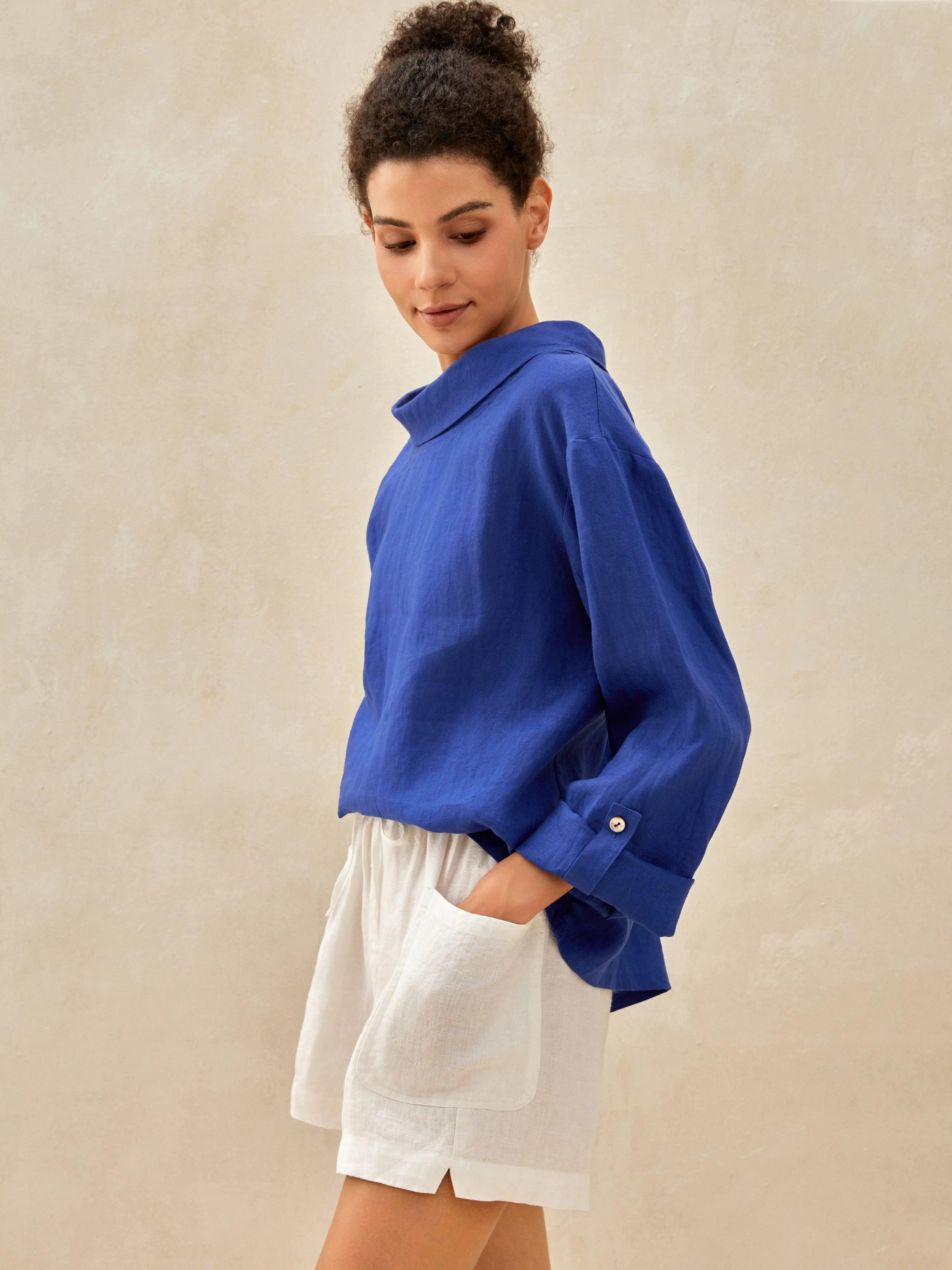 100% Linen Draped Neck Top HOLLIS - TOPS-Linen Blouses