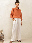 Linen-Cotton Dropped Collar Long-Sleeve Top TRISTAN - TOPS-Linen Blouses