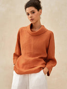 Linen-Cotton Dropped Collar Long-Sleeve Top TRISTAN - Sun Orange / S - TOPS-Linen Blouses