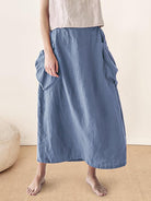 Linen-Cotton Elastic Waist Skirt MARINA - Dusty Blue / S - BOTTOMS-Linen Skirts
