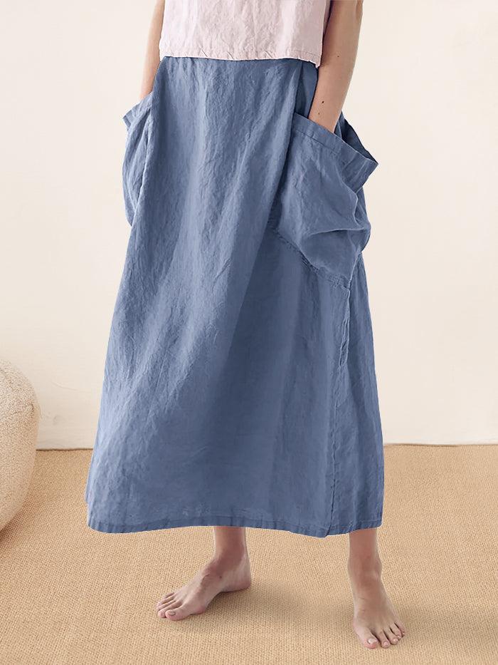Linen-Cotton Elastic Waist Skirt MARINA - BOTTOMS-Linen Skirts