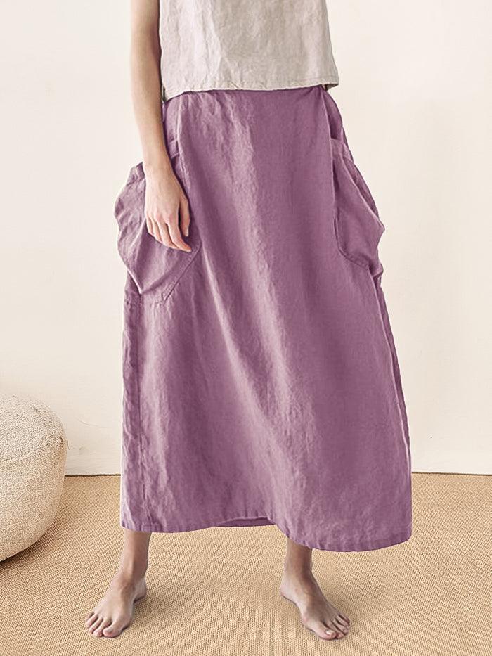 100% Linen Elastic Waist Skirt MARINA - BOTTOMS-Linen Skirts