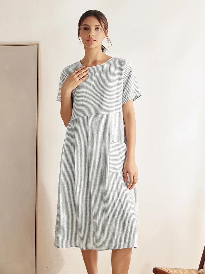 MORGAN blue stripe linen pinstripe paneled short sleeved dress