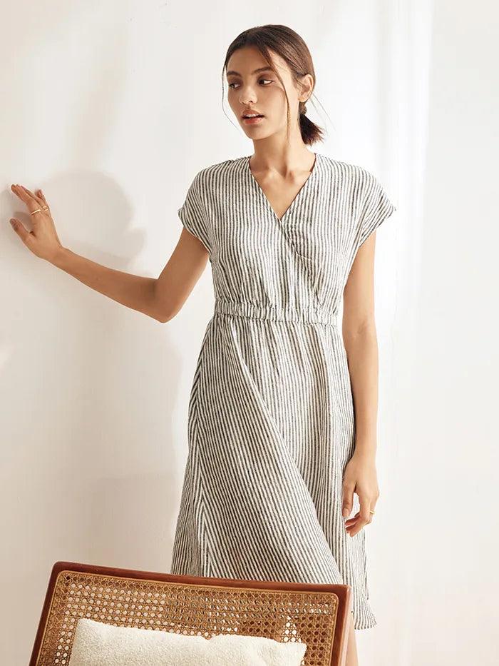 100% Linen Striped Elastic-Waist Midi Dress ARIA - DRESSES-Linen