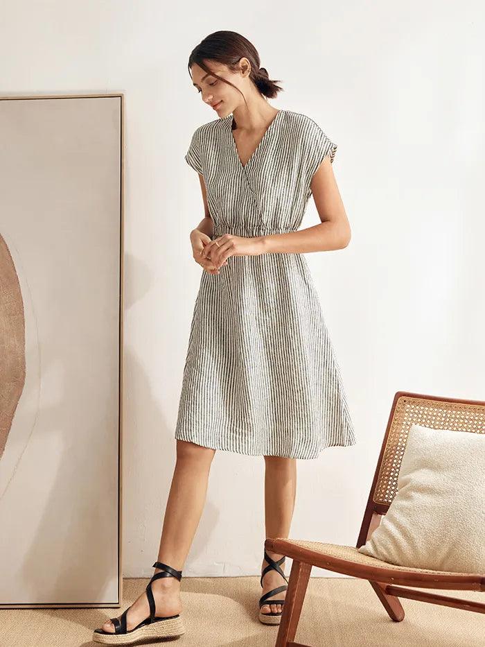 100% Linen Striped Elastic-Waist Midi Dress ARIA - DRESSES-Linen