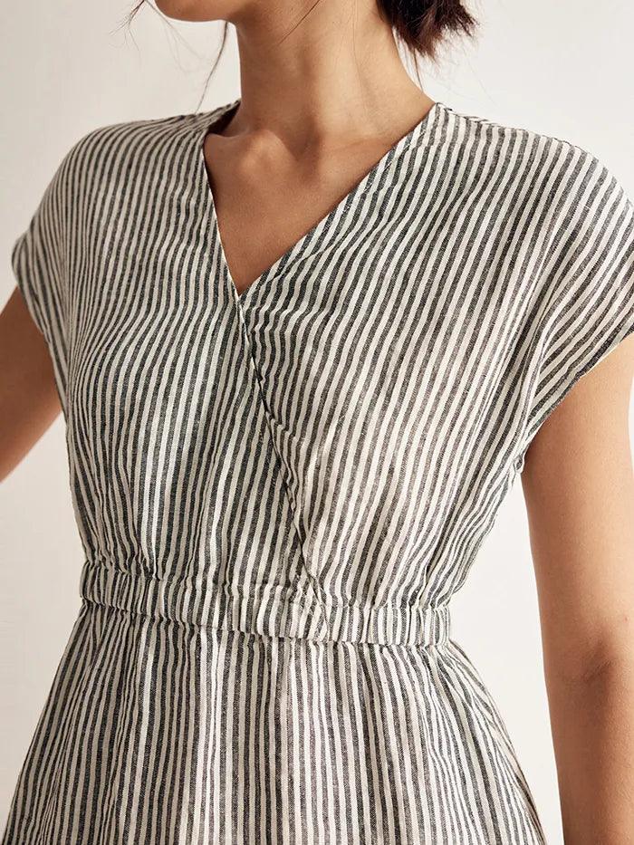 100% Linen Striped Elastic-Waist Midi Dress ARIA - DRESSES-Linen