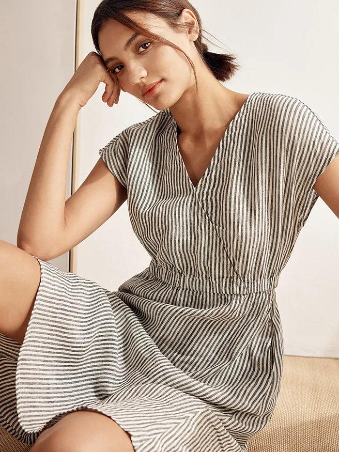 100% Linen Striped Elastic-Waist Midi Dress ARIA - DRESSES-Linen