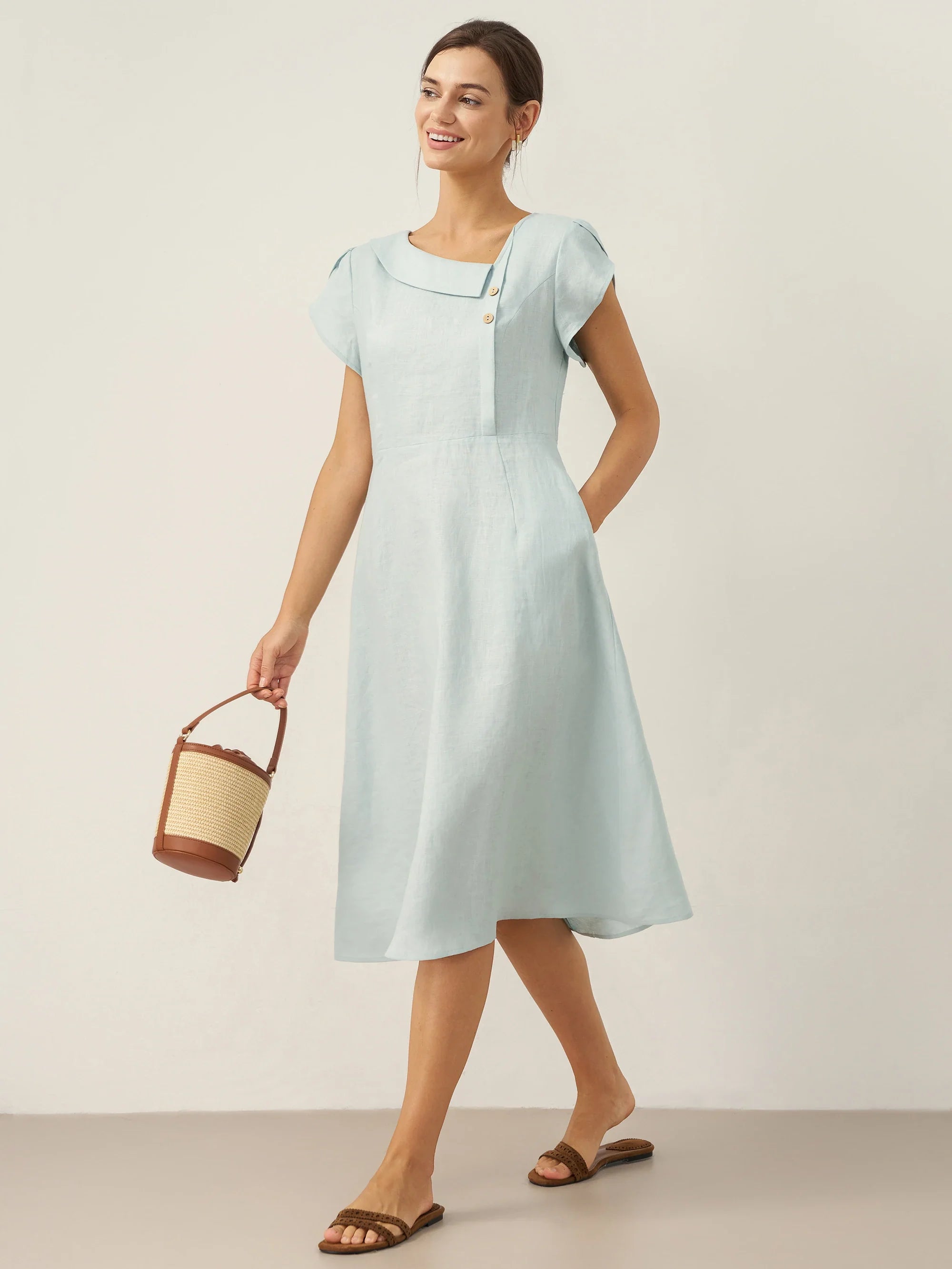100% Linen Crescent Collar Flutter Sleeve Midi Dress Fiona